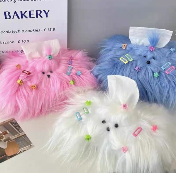 Pink tissue box with an elegant and luxurious long-haired dog design, ideal for living rooms or cars.