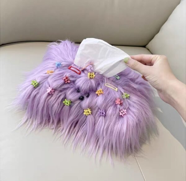 Pink tissue box with an elegant and luxurious long-haired dog design, ideal for living rooms or cars.