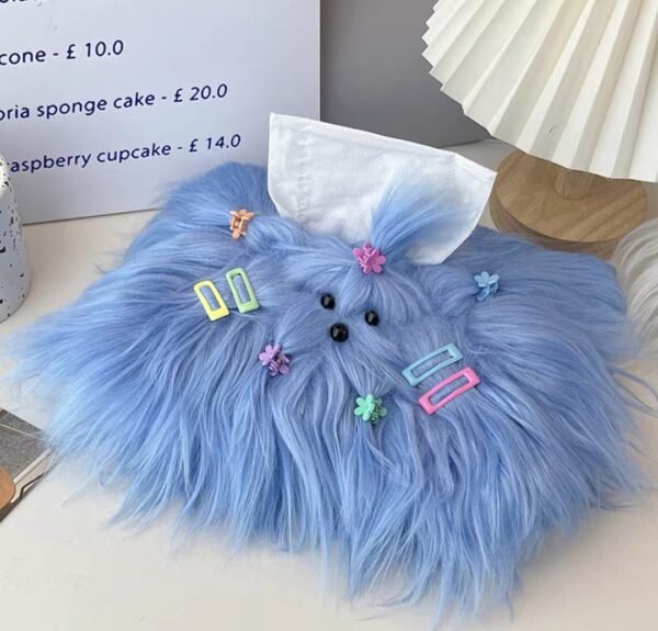 Pink tissue box with an elegant and luxurious long-haired dog design, ideal for living rooms or cars.