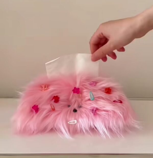 Pink tissue box with an elegant and luxurious long-haired dog design, ideal for living rooms or cars.