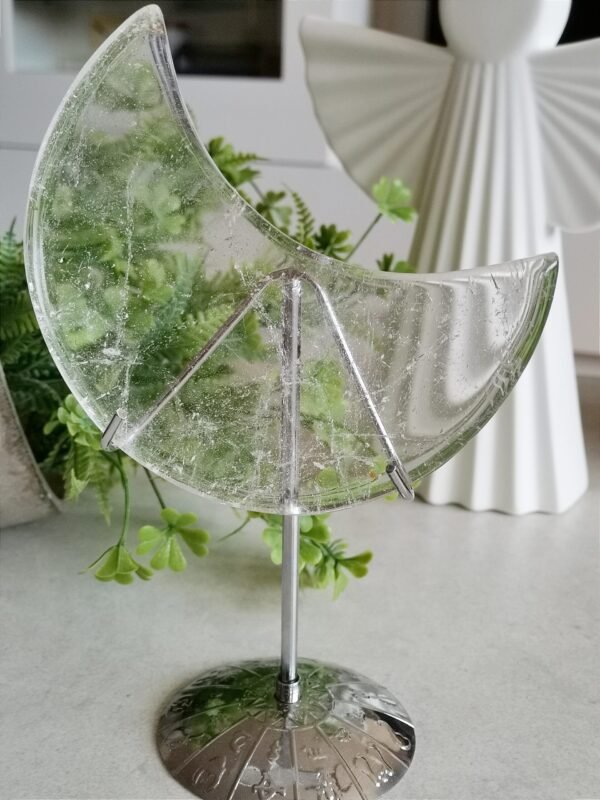 AAA+ Large Hand-Carved Clear Quartz Crystal Moon Including Base Counteracts Negativity and Energizes Positive Energy Home and Office Altar Meditation Healing Decoration Gifts for Couples Friend Gifts for Family