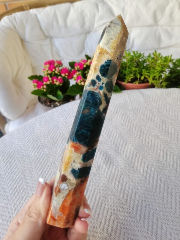 Blue Apatite with Sunstone Towers with Blue Flashes – Rare Crystal Tower – Blue Apatite Tower – High Quality AAA+ Energy Tower Healing Crystal Energy Crystal Healing Home Decor Gifts for Couples Friend Gifts for Family