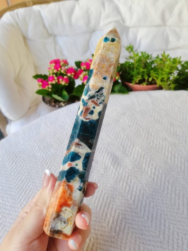 Blue Apatite with Sunstone Towers with Blue Flashes – Rare Crystal Tower – Blue Apatite Tower – High Quality AAA+ Energy Tower Healing Crystal Energy Crystal Healing Home Decor Gifts for Couples Friend Gifts for Family