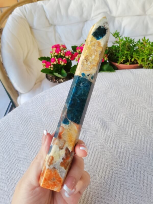 Blue Apatite with Sunstone Towers with Blue Flashes – Rare Crystal Tower – Blue Apatite Tower – High Quality AAA+ Energy Tower Healing Crystal Energy Crystal Healing Home Decor Gifts for Couples Friend Gifts for Family