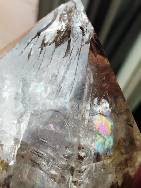 IMG_20260126_173707 Large Hexagonal Natural Quartz Point with Rainbow · High-Quality Clear Crystal · Collectible Piece with Metal Base