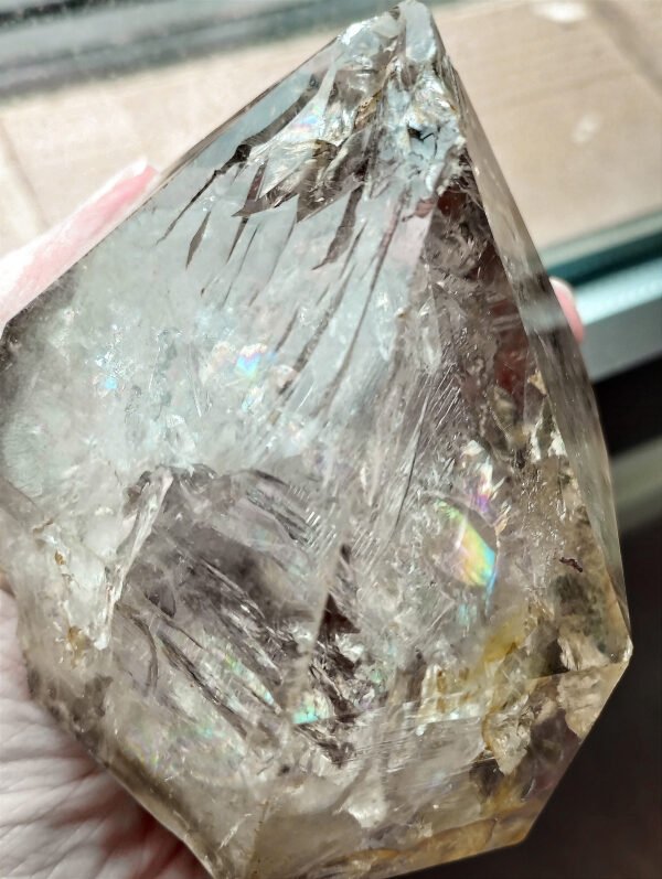 IMG_20260126_175916 Large Hexagonal Natural Quartz Point with Rainbow · High-Quality Clear Crystal · Collectible Piece with Metal Base