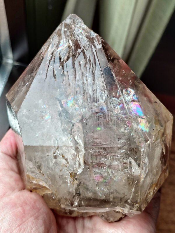 IMG_20260126_180039 Large Hexagonal Natural Quartz Point with Rainbow · High-Quality Clear Crystal · Collectible Piece with Metal Base