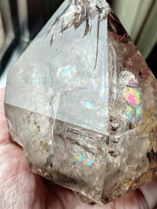 IMG_20260126_180212 Large Hexagonal Natural Quartz Point with Rainbow · High-Quality Clear Crystal · Collectible Piece with Metal Base