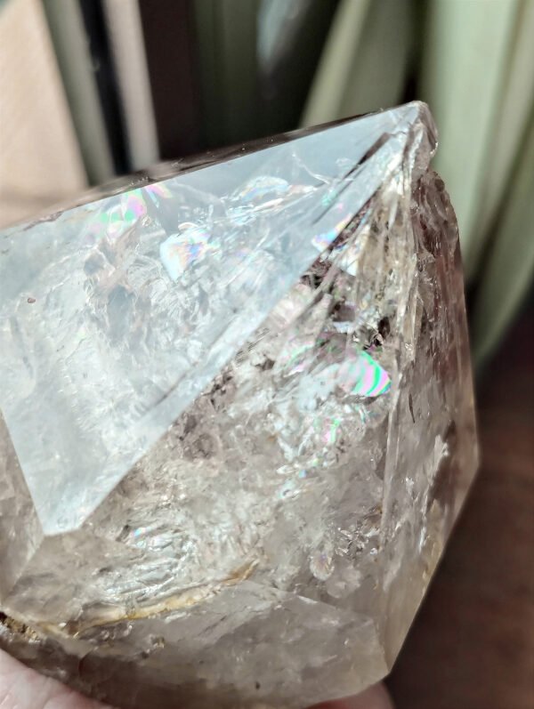 IMG_20260126_180343 Large Hexagonal Natural Quartz Point with Rainbow · High-Quality Clear Crystal · Collectible Piece with Metal Base