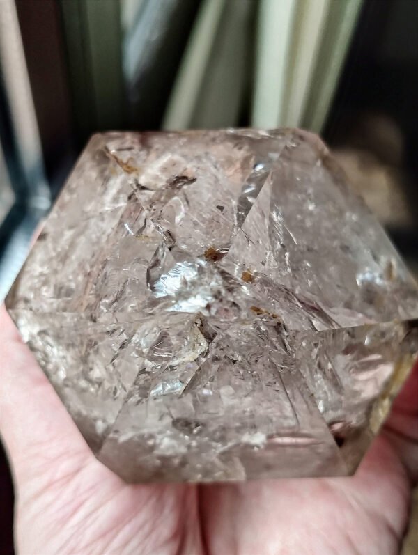 IMG_20260126_180422 Large Hexagonal Natural Quartz Point with Rainbow · High-Quality Clear Crystal · Collectible Piece with Metal Base