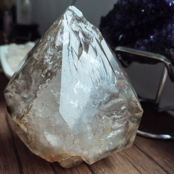 IMG_20260126_191119 Large Hexagonal Natural Quartz Point with Rainbow · High-Quality Clear Crystal · Collectible Piece with Metal Base