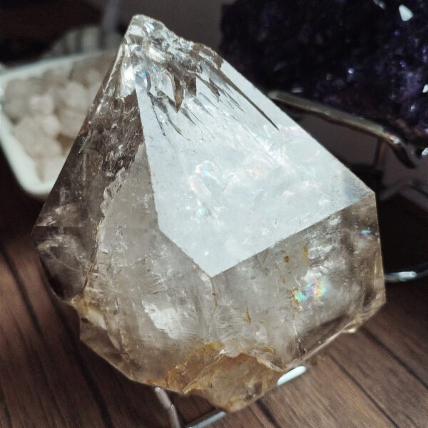 IMG_20260126_191226 Large Hexagonal Natural Quartz Point with Rainbow · High-Quality Clear Crystal · Collectible Piece with Metal Base