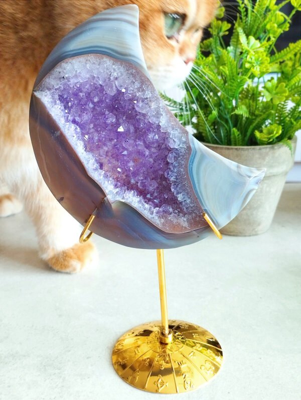 Natural Amethyst Agate Moon · Purple Agate Tower · Decorative Piece with Gold Stand · Collectible and Meditation Crystal