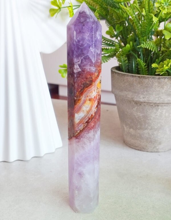 Natural Amethyst Agate Moon · Purple Agate Tower · Decorative Piece with Gold Stand · Collectible and Meditation Crystal