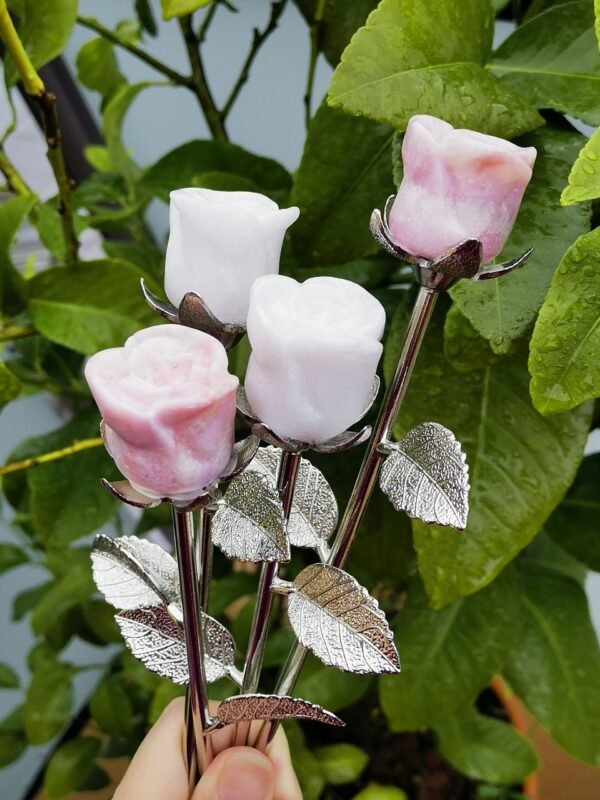 Natural Pink Opal rose with silver stem – Decorative flower made of natural stone – Special gift and collector's item