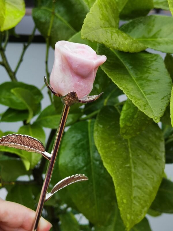 Natural Pink Opal rose with silver stem – Decorative flower made of natural stone – Special gift and collector's item