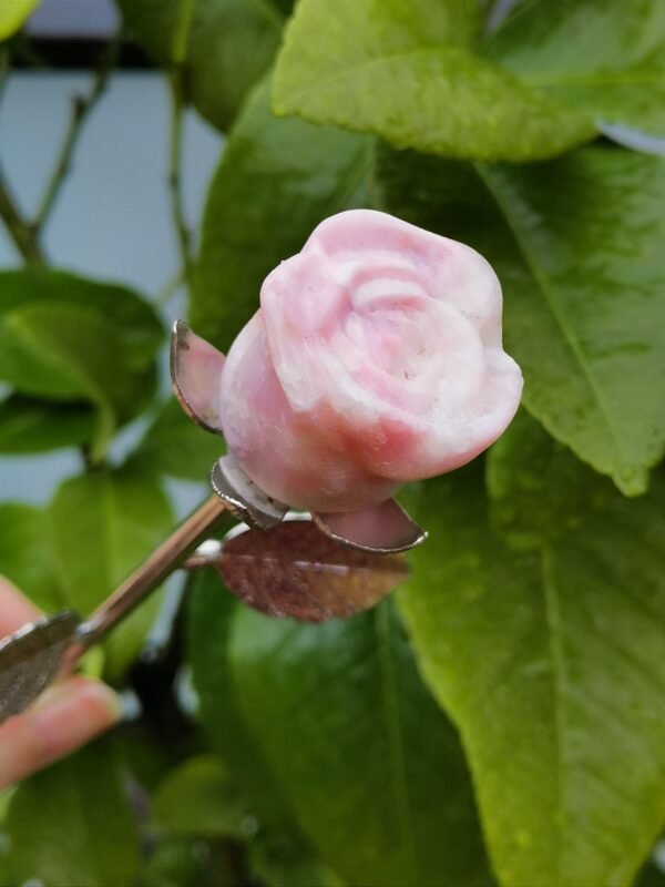 Natural Pink Opal rose with silver stem – Decorative flower made of natural stone – Special gift and collector's item