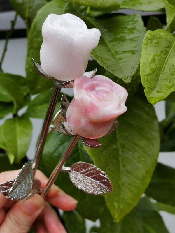 Natural Pink Opal rose with silver stem – Decorative flower made of natural stone – Special gift and collector's item
