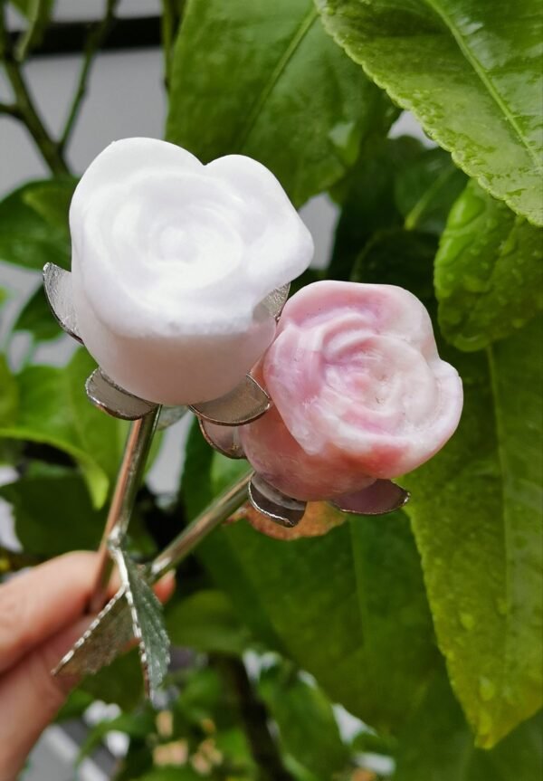 Natural Pink Opal rose with silver stem – Decorative flower made of natural stone – Special gift and collector's item