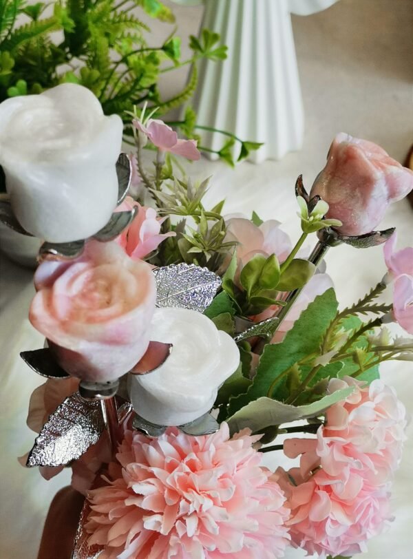 Natural Pink Opal rose with silver stem – Decorative flower made of natural stone – Special gift and collector's item