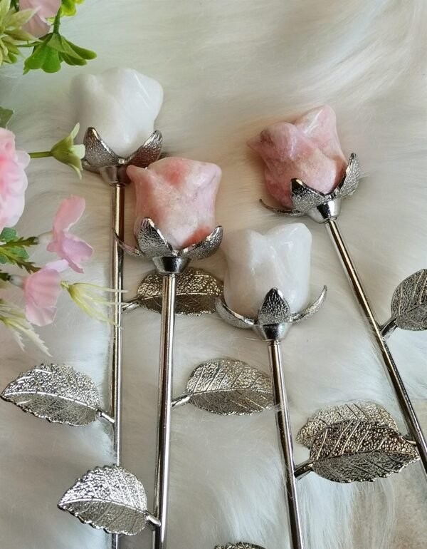 Natural Pink Opal rose with silver stem – Decorative flower made of natural stone – Special gift and collector's item