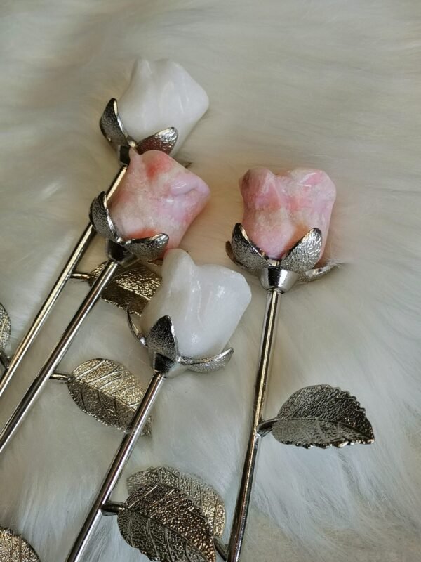 Natural Pink Opal rose with silver stem – Decorative flower made of natural stone – Special gift and collector's item