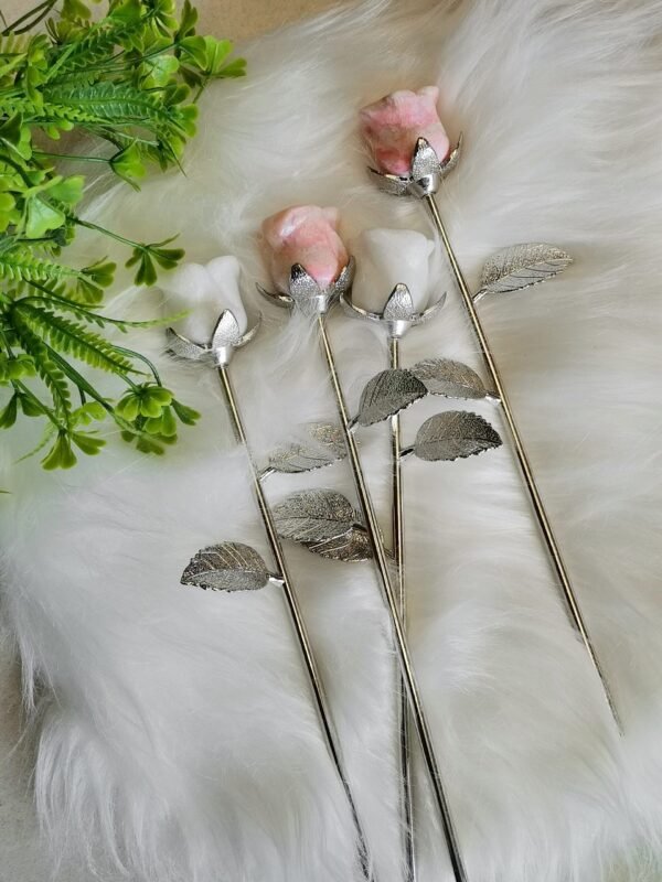 Natural Pink Opal rose with silver stem – Decorative flower made of natural stone – Special gift and collector's item