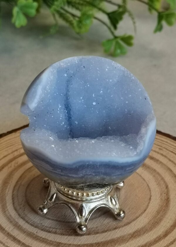 Blue Agate Sphere with Druse and Pyrite – Natural Blue Lace Agate, Decorative Crystal Ball, Collectible Piece