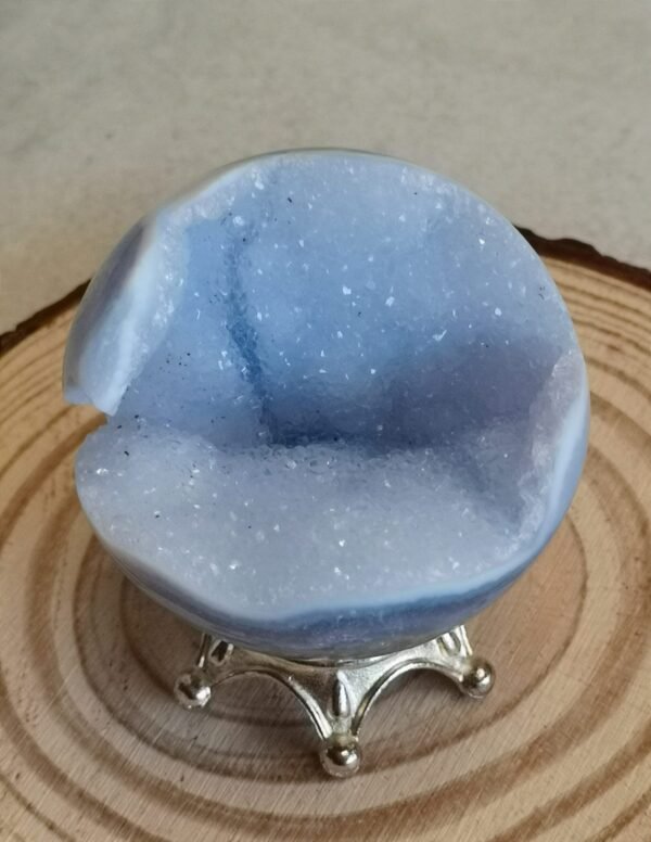 Blue Agate Sphere with Druse and Pyrite – Natural Blue Lace Agate, Decorative Crystal Ball, Collectible Piece