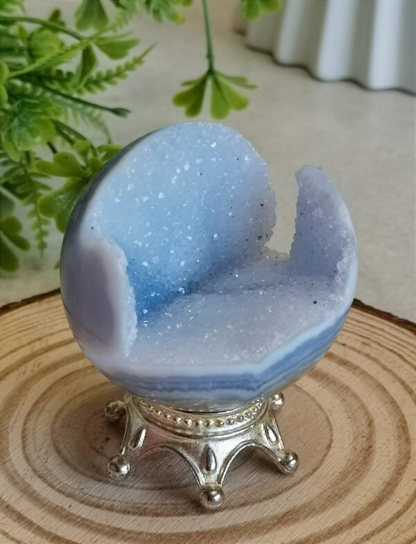 Blue Agate Sphere with Druse and Pyrite – Natural Blue Lace Agate, Decorative Crystal Ball, Collectible Piece