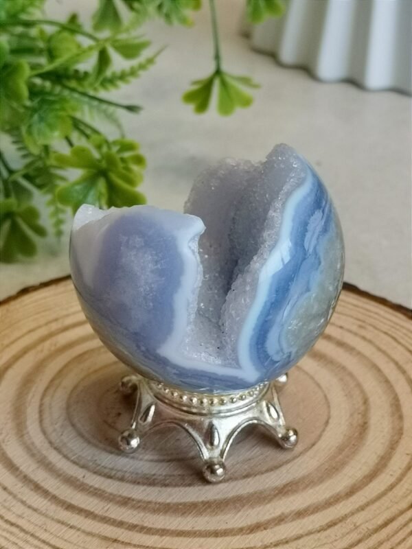 Blue Agate Sphere with Druse and Pyrite – Natural Blue Lace Agate, Decorative Crystal Ball, Collectible Piece
