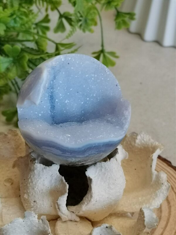 Blue Agate Sphere with Druse and Pyrite – Natural Blue Lace Agate, Decorative Crystal Ball, Collectible Piece
