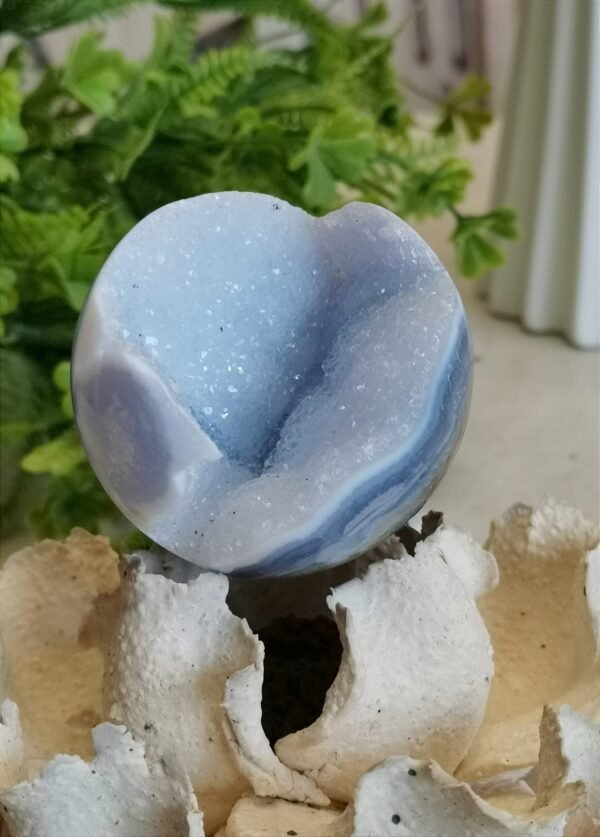 Blue Agate Sphere with Druse and Pyrite – Natural Blue Lace Agate, Decorative Crystal Ball, Collectible Piece