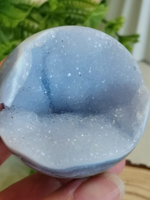 Blue Agate Sphere with Druse and Pyrite – Natural Blue Lace Agate, Decorative Crystal Ball, Collectible Piece