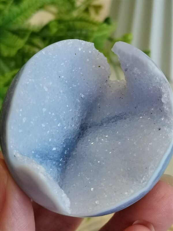 Blue Agate Sphere with Druse and Pyrite – Natural Blue Lace Agate, Decorative Crystal Ball, Collectible Piece