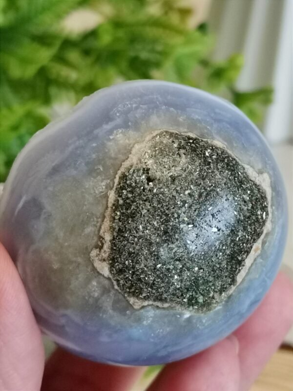 Blue Agate Sphere with Druse and Pyrite – Natural Blue Lace Agate, Decorative Crystal Ball, Collectible Piece