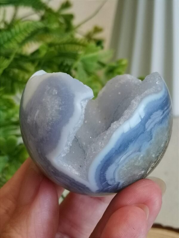 Blue Agate Sphere with Druse and Pyrite – Natural Blue Lace Agate, Decorative Crystal Ball, Collectible Piece