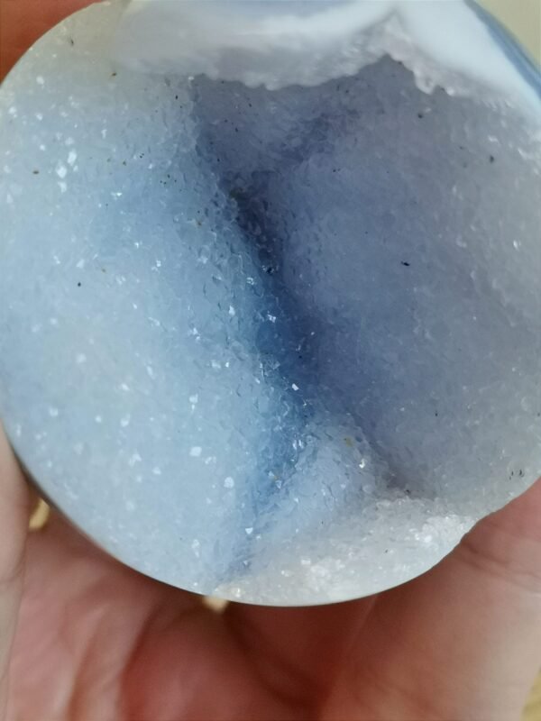 Blue Agate Sphere with Druse and Pyrite – Natural Blue Lace Agate, Decorative Crystal Ball, Collectible Piece
