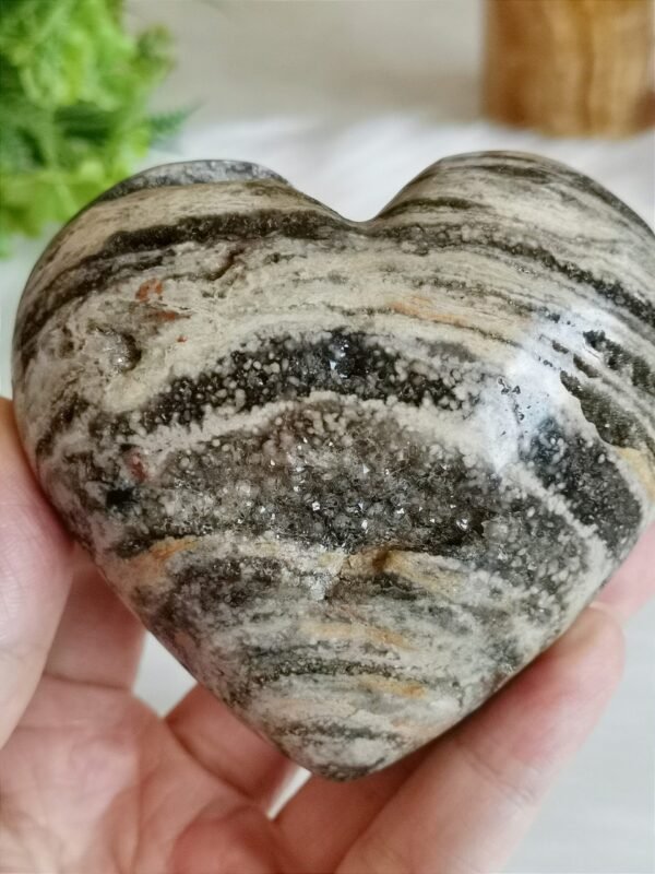 Natural Ocean Jasper Heart · Distinctive Zebra Pattern · Decorative Piece with Geode · Collectible Crystal