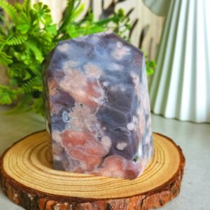 oznorCO Natural Polished Blue Sakura Agate · Display Stone with Pink Druse · Multifaceted Decorative Collectible Piece