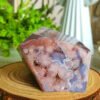 oznorCO Natural Polished Blue Sakura Agate · Display Stone with Pink Druse · Multifaceted Decorative Collectible Piece