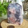 oznorCO Natural Polished Blue Sakura Agate · Display Stone with Pink Druse · Multifaceted Decorative Collectible Piece
