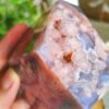 oznorCO Natural Polished Blue Sakura Agate · Display Stone with Pink Druse · Multifaceted Decorative Collectible Piece