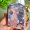 oznorCO Natural Polished Blue Sakura Agate · Display Stone with Pink Druse · Multifaceted Decorative Collectible Piece