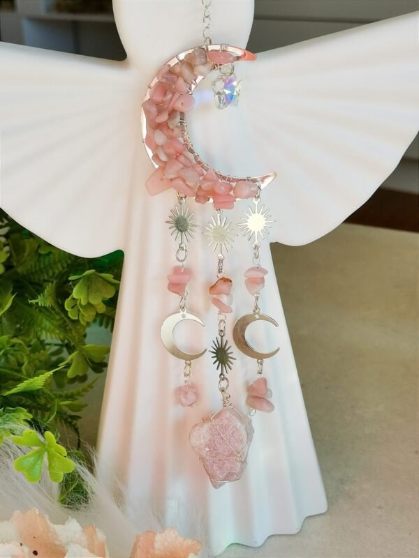 Decorative moon wind chime with pink natural stones