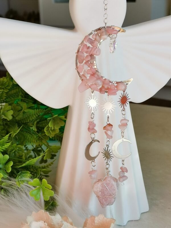 Decorative moon wind chime with pink natural stones