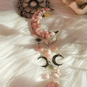 Decorative moon wind chime with pink natural stones