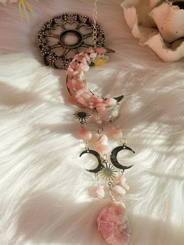 Decorative moon wind chime with pink natural stones