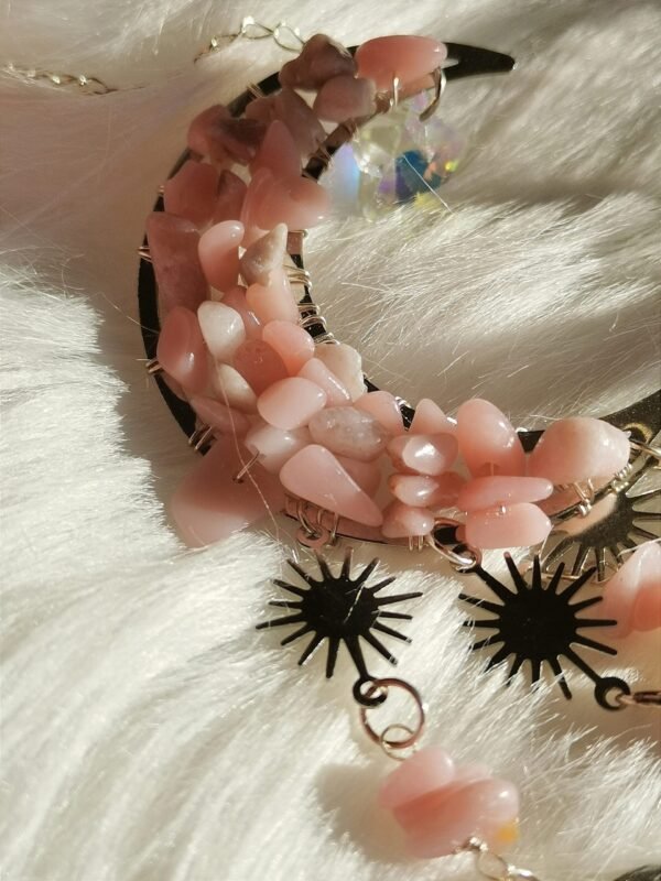 Decorative moon wind chime with pink natural stones