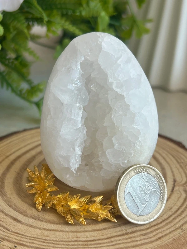 Cristal de cuarzo blanco en forma de huevo con drusa interna
